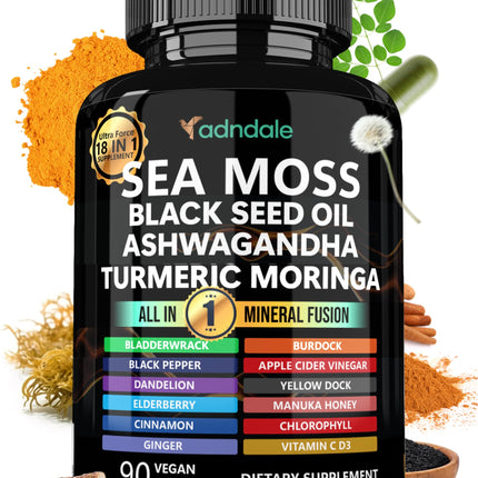 Adndale Sea Moss Capsules - Sea Moss Blend with Ashwagandha, Turmeric & Black Seed Oil - 90 Count