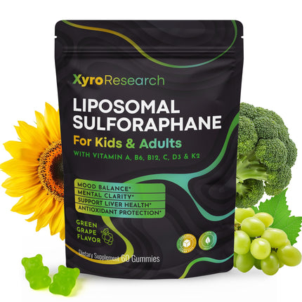 Xyro Research Liposomal Sulforaphane Gummies - 150mg Broccoli Sprout Extract with Vitamins Supplement for Kids Adults - Antioxidant Cellular Health & Liver Detox Support - Non-GMO Vegan Sugar-Free
