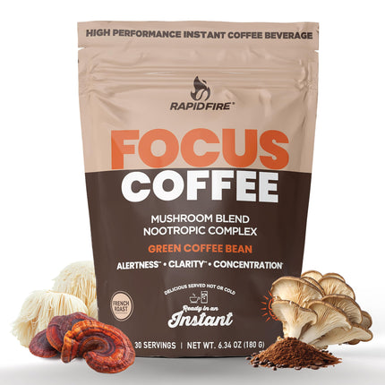 Focus Coffee Mushroom Blend, Nootropic Complex Coffee, Supports Alertness and Clarity, (Lion’s Mane, Cordyceps, Turkey Tail) Green Coffee Bean Instant Coffee for Focus & Gut Health, 30 Servings