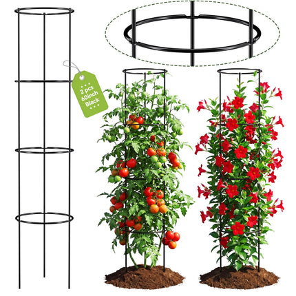 60 Inch Round Tomato Cages for Garden - 2 Pack Heavy Duty Metal Tomato Trellis Plant Support, Adjustable Height & Stackable, Easy Assembly for Outdoor Climbing Plants