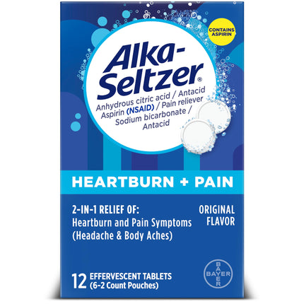 Alka-Seltzer Heartburn + Pain Effervescent Aspirin + Antacid Tablets, Fast Heartburn Relief and Acid Indigestion Relief, Pain Relief with Aspirin, 12 Ct