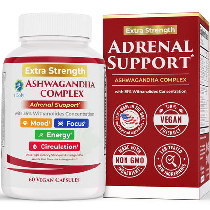 1 Body Adrenal Support Supplement – Ashwagandha Adrenal Complex for Stress, Energy & Mood – Adaptogens with Rhodiola, Eleuthero & B Vitamins – Adrenal Fatigue Support – 60 Vegan Capsules
