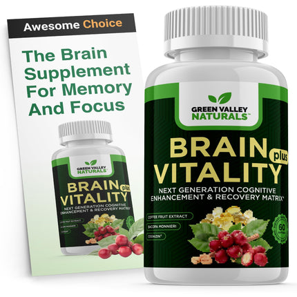 GREEN VALLEY NATURALS Brain Vitality Plus™ – Brain Health & Cognitive Support for Memory, Focus & Mental Clarity with Cognizin® Citicoline, Bacopa Monnieri & DHA Omega-3 | 60 Softgels