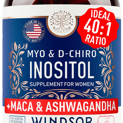 Myo-Inositol & D-Chiro Inositol 40:1 Ratio 2,000 mg - PCOS Supplements with Maca Root & Ashwagandha - Ovarian Health Support Vitamins - Hormone & Fertility Supplements for Women - 120 Vegan Caps