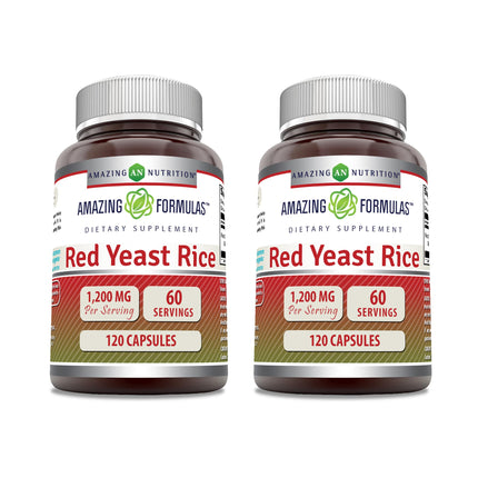 Amazing Formulas Red Yeast Rice 1200mg Per Serving Capsules Supplement | Non-GMO | Gluten Free | Made in USA (2 Pack, 120 Count)