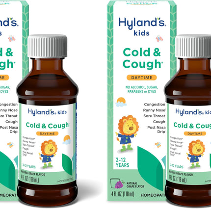 Hyland's Kids Cold and Cough, Daytime Grape Flavor Cough Syrup Medicine for Kids Ages 2 and up, Decongestant, Sore Throat Relief, Natural Treatment for Common Cold Symptoms, 4 Fl Oz (Pack of 2)