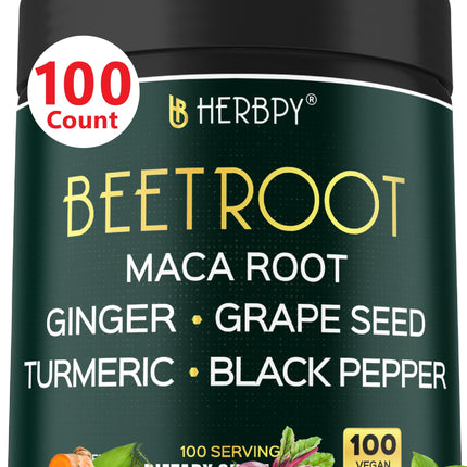 Herbpy 6in1 Beet Root Capsules with Black Maca, Grape Seed, Ginger and Turmeric Roots, and Black Pepper - Extract 10:1 - Heart Health, Vitality & Immune Support* - 100 Count