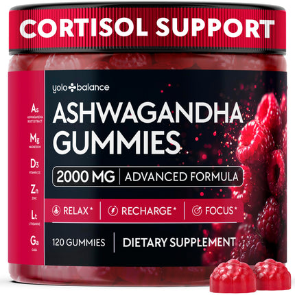 Ashwagandha Gummies 2000mg, Raspberry Flavor (120 Count) - Sugar-Free Adaptogen Supplement with L-Theanine, GABA, Magnesium, Zinc & Vitamin D3, Vegan, Non-GMO Calm & Balance Support for Men & Women