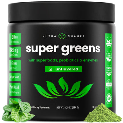NutraChamps Super Greens Powder Premium Superfood | 20+ Organic Green Veggie Whole Foods | Wheat Grass, Spirulina, Chlorella | Antioxidant, Digestive Enzyme & Probiotic Blends (9.0 Oz, Unflavored)