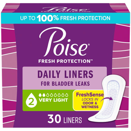 Poise Daily Liners, Incontinence Panty Liners for Bladder Leaks, 2 Drop Very Light Absorbency, Regular Length, 30 Count of Pantiliners, Packaging May Vary