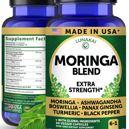 Lunakai USA Made Pure Moringa Capsules – Advanced Moringa Leaf Extract Supplement with Ashwagandha, Boswellia, Ginseng & Turmeric, 60ct