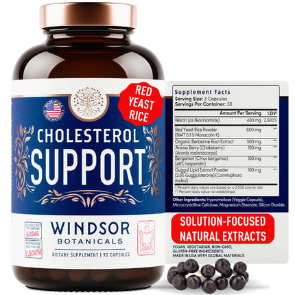 WINDSOR BOTANICALS Cholesterol Supplements - Citrus Bergamot, Niacin, Red Yeast Rice, Berberine, Aronia Berry Extract to Support Normal HDL and LDL Cholesterol Levels - 90 Vegan, Non-GMO Capsules