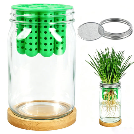 Bylion 2-in-1 Seed Sprouting Set- Green Onion Regrower Kits - Onion Planter Scallion, Grower Seed Sprouting Kit with Regrower Sprouting Lids, Mason Jar and Natural Bamboo Base for Windowsill Garden