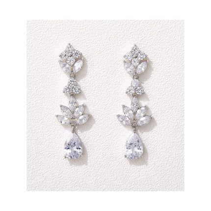 SWEETV Teardrop Wedding Earrings for Brides Birdesmaid, Crystal Cubic Zirconia Bridal Drop Earrings for Women Prom, Silver