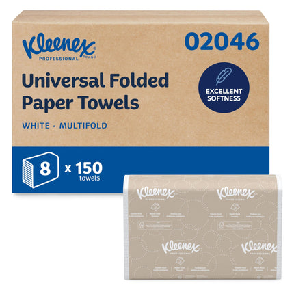 Kleenex Professional Universal Multifold Paper Towels, Bulk (02046), Absorbency Pockets, 9.2" x 9.4" Towel, White (150 Sheets/Pack, 8 Packs/Case, 1,200 Sheet Total)