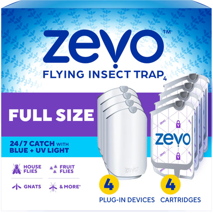 Zevo Flying Insect Traps - Plug-in Indoor Fly Trap and Bug Light Trap Refill with Blue and UV Light - No-Mess Cartridge for House Flies, Fruit Fly Trap and Gnats (4 Plug-in Bases and 4 Cartridges)