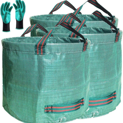 Professional 3-Pack 80 Gallon Lawn Garden Bags (D26, H33 inch) Reusable Yard Waste Bags with Gardening Gloves for Leaf Bag,Garden Pruning,Yard Debris Container,Lawn Grass Clippings,Weeds Bag 4 Handles