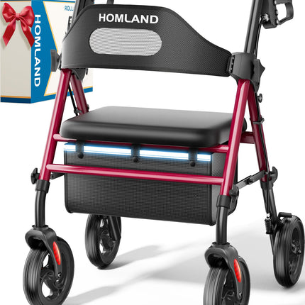 HOMLAND Foldable Rollator Walkers with Seat for Seniors, 8'' Big Wheels, 350 lb. Weight Capacity, Adjustable Handles and Seat Height, Lightweight Rolling Walker, Red