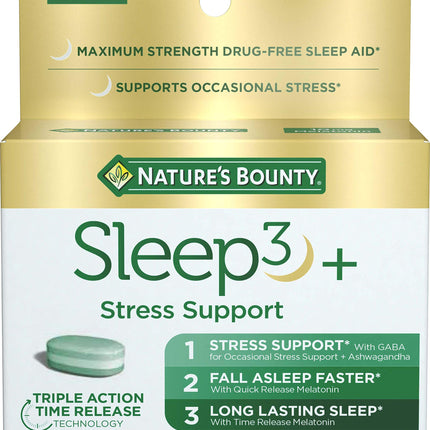 Nature's Bounty Stress Support Plus Melatonin, Sleep3 Maximum Strength 100% Drug Free Sleep Aid, Dietary Supplement with Ashwagandha, Time Release Technology, 10mg, 56 Tri-Layered Tablets