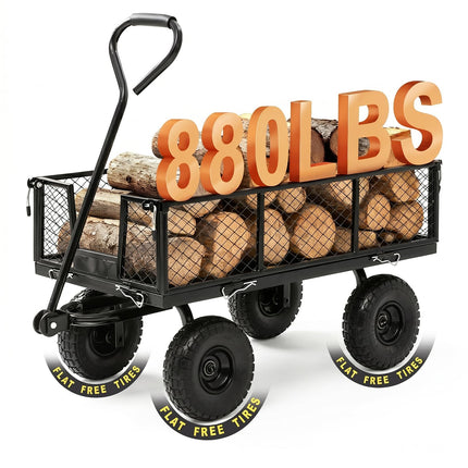HEAHOLD Heavy Duty Garden Wagon Cart – 880 LBS Steel Utility Cart with All-Terrain 3.50-4" Solid Wheels, 10" Tires, 180° Rotating Handle, Removable Sides, Laser-Welded Frame
