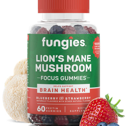 Fungies Lion's Mane Mushroom Gummies, Mixed Blueberry & Strawberry Flavor - Mushroom Supplement Gummy for Adults & Children Supports Brain Health, Cognitive Function, Focus, Memory & Mood, 60 Servings