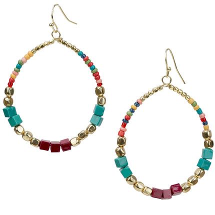 SPUNKYsoul presents "Zura" Bohemian Multi-Colored Cube Beaded Hoop Earrings for Women (Teal/Red/Cube)