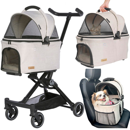 ROODO 2026 Upgraded Version 3 in 1 Dog Cat Stroller with Detachable Carrier Lightweight Folding Portable All Terrain Pet Travel System Puppy Kitty Doggie Bunny Stroller for 30lbs(Light Khaki)