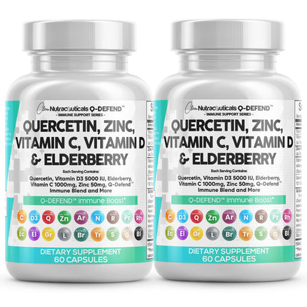 Q Defend Quercetin Supplement with Zinc Vitamin C Vitamin D Elderberry Turmeric Black Pepper Garlic Ginger Sea Moss Lysine Stinging Nettle Reishi Immune Support 60 Capsules Pack of 2 by Clean Nutra