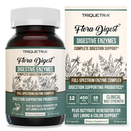 Flora Digest - 3-in-1 Max Strength Digestive Enzymes + Gut Surviving Probiotics & ButyraGen® Postbiotic for Optimal Digestion, Bloating Relief, Regularity, Gut Lining & Colon Support - (30 Capsules)