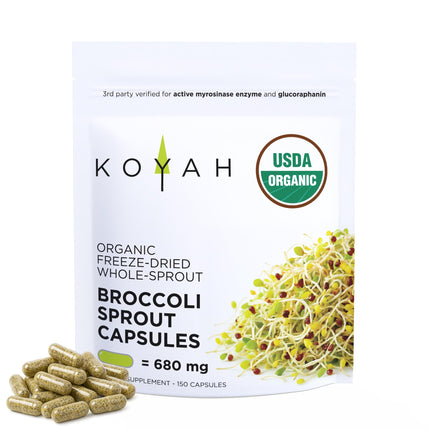 KOYAH - Organic Broccoli Sprout Capsules – Freeze-Dried Whole Broccoli Sprouts – 3rd Party Tested for Active Myrosinase & Glucoraphanin (Sulforaphane Glucosinolate) - 150 Capsules