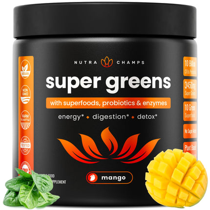 NutraChamps Super Greens Powder Premium Superfood | 20+ Organic Green Veggie Whole Foods | Wheat Grass, Spirulina, Chlorella | Antioxidant, Digestive Enzyme & Probiotic Blends (9.0 OZ, Mango)