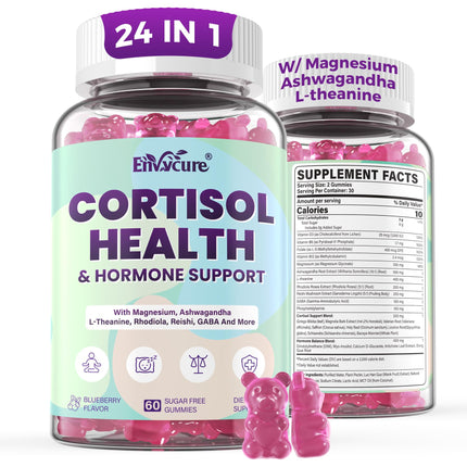 Cortisol Supplements for Women & Men, Cortisol Reducer Gummies w/ Magnesium, Ashwagandha, L-Theanine, Rhodiola, Reishi, 24 IN 1 Cortisol Detox Manager for Calm Mood, Focus & Relaxation,Vegan, 120 Cts