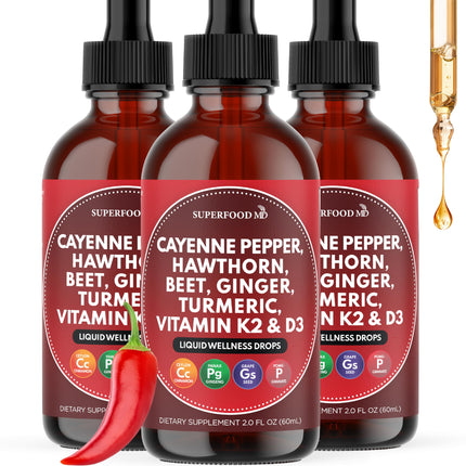 Cayenne Pepper Supplement Liquid Drops + Hawthorn Berry, Vitamin D3 K2 Beet Root Powder, Ceylon Cinnamon, Turmeric Curcumin, Organic Panax Ginseng - 6 OZ