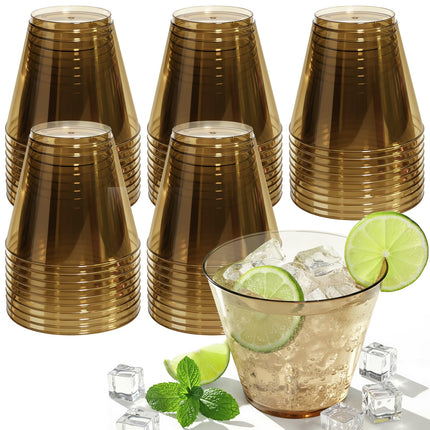 Glowserve 9 oz Clear Plastic Cups Brown Plastic Disposable Cups for Cocktail 150 Pack Fancy Cocktail Cup for Party Stemless Wine Glasses for Party Wedding Graduation Birthday Father's Day
