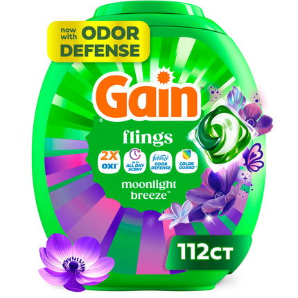 Gain Flings Laundry Detergent Pods Odor Defense + Color Guard, Moonlight Breeze Scent, 4-in-1 Liquid Laundry Detergent Pacs with Oxi Boost and Febreze, 112 Count (Packaging May Vary)