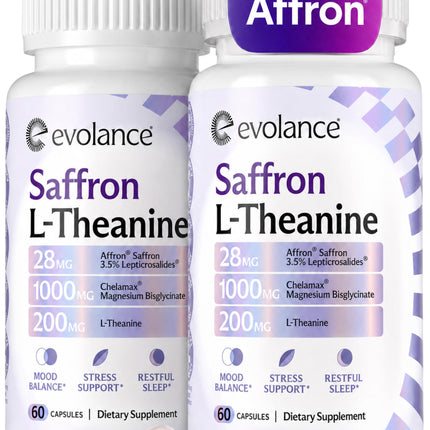 Evolance Saffron Supplements Extract for Stress & Mood Support – Affron 28mg, Magnesium Glycinate 1000mg, L-Theanine 200mg – High Absorption, Sleep & Focus Support, Melatonin-Free, 120 Veggie Capsules