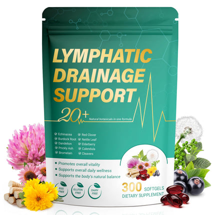 Kaseano Lymphatic Drainage Supplement 300 Softgels 21-in-1 Herbal Blend with Echinacea, Dandelion, Burdock Root Lymph System Support Fluid Balance & Immune System for Women & Men