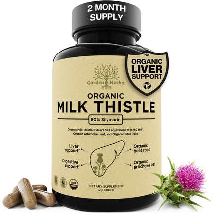 Garden of Herbz USDA Organic Milk Thistle Liver Detox Supplement 80% Silymarin, 250 mg with Beet Root & Artichoke Extract for Liver Support & Digestion, Made in USA, 120 Capsules (2 Month Supply)