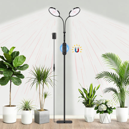 Dual Head Grow Light for Indoor Plants, Full Spectrum Floor Standing Plant Light, Remote Control & 4/8/12/18H Timer, 3 Modes 10 Dimmable Levels, Stable Base for Tall Plants Succulents Herbs, Black