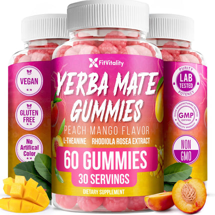FitVitality 60 Yerba Mate Gummies - Formulated with L-Theanine, Rhodiola Rosea, Ginseng, Choline, B12 – Peach Mango Flavor – Vegan, Gluten-Free, Non-GMO