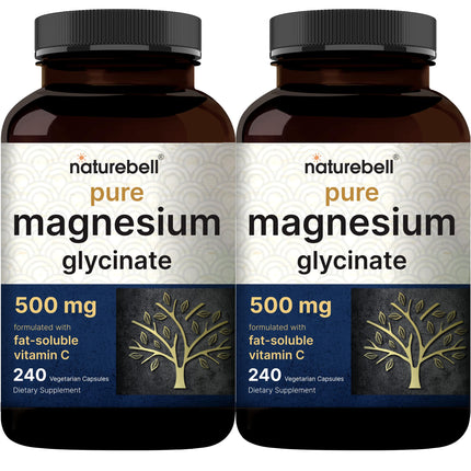 Pure Magnesium Glycinate 500mg with Fat Soluble Vitamin C, 480 Veggie Capsules (2 Pack) – 100% Chelated & Purified – 3rd Party Tested, Filler Free, Vegan Friendly, Non-GMO