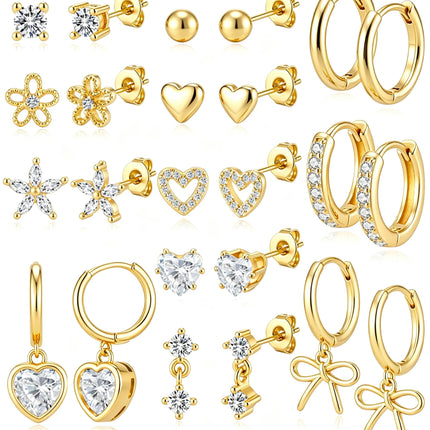 PARIVEA 12 Pairs Small Stud Hoop Earrings Set for Women - 14K Gold Plated Huggie Hoops Hypoallergenic Earring Cute Dainty Flower Heart Stud Earrings for Jewelry Gift, GOLD