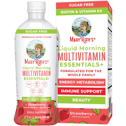 MaryRuth's Liquid Morning Multivitamin Essentials+ | Vitamin A C D E B6 B12 K2 Biotin Zinc | Mens Womens Multivitamin | Immune Support | Beauty | Sugar Free | Vitamins for Ages 1+ | Vegan | 32 Fl Oz