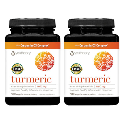 Youtheory Turmeric Extra Strength - 1,000 mg - Supports Muscle & Joint Health* - Contains Bioenhancers, Curcuminoids & Herbal Extracts - USP Verified - 180 Vegetarian Capsules, 2 Pack (180-Day Supply)