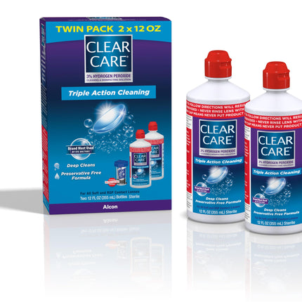 CLEAR CARE Cleaning & Disinfecting Contact Lens Solution, 12 fl oz, Twin Pack, For Soft & RGP Lenses, No Rubbing, Preservative-Free, Included Lens Case, Deep Cleans and Removes Deposits