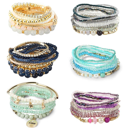 LOYALLOOK 6 Sets Bohemian Stackable Bead Bracelets for Women Stretch Bohemian Style Stretch Multilayered Boho Bracelet Set