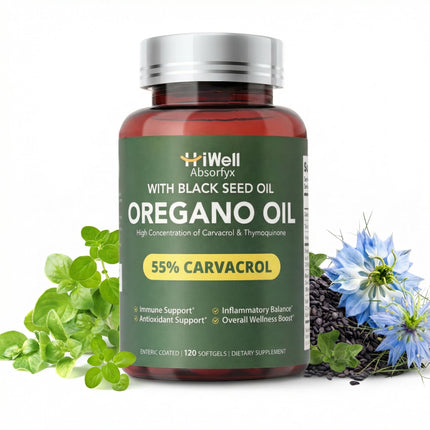 HiWell Oil of Oregano with Black Seed Oil, Oregano Oil Capsules with Highly Strength 55% Carvacrol & Thymoquinone, Natural Planted Immune Support & Antioxidant Supplement, Non-GMO, 60-Day Supply