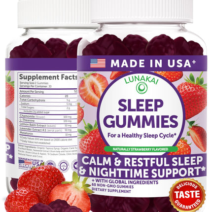 Lunakai USA Made Sleep Gummies for Adults with Melatonin 10mg, L-Theanine, Chamomile & Lavender – 5-in-1 Natural Daily Sleep Aid, Vegan Melatonin Gummies, Non-GMO Sleeping Supplements, 60ct