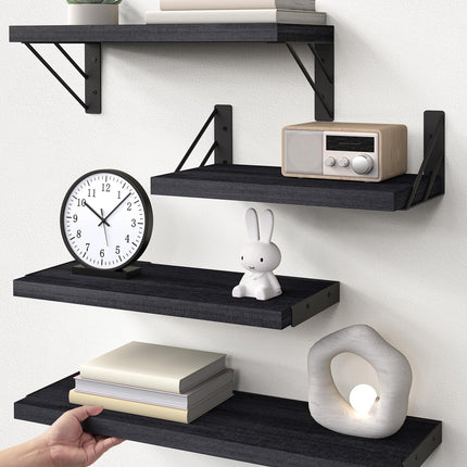 BAYKA Wall Mounted Floating Bathroom Shelves, Wood Wall Shelf for Bathroom Essentials & Decor, Space-Saving Display & Organizer (Black, Set of 4)