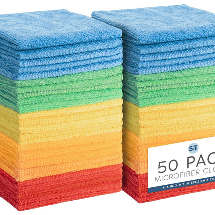 S&T INC. 50 Pack Microfiber Cleaning Cloth, Bulk Towels for Home, Reusable Microfiber Towels for Cars, Cleaning Rags, Assorted, 11.5 Inches x 11.5 Inches, 50 Count